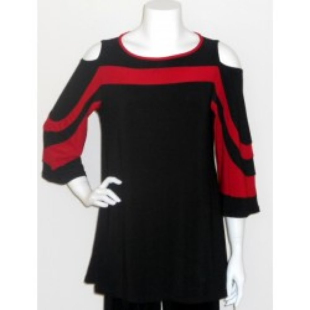 NWT Come and See Black/Red Cold Shoulder Tunic